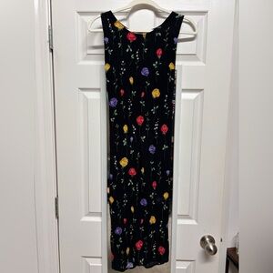 Vintage Black Floral Midi Dress with Red, Yellow and Purple Roses